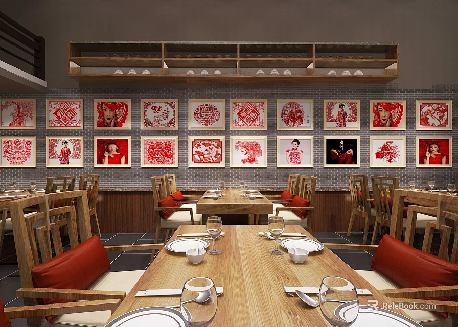 Chinese Style Restaurant Interior With Red Paper Cut Decor Gray Brick Walls And Wooden Tables 3d model 