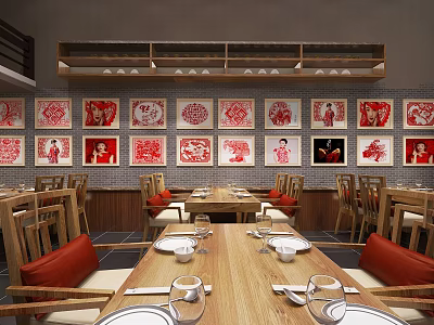 Chinese Style Restaurant Interior With Red Paper Cut Decor Gray Brick Walls And Wooden Tables 3d model