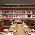 Chinese Style Restaurant Interior With Red Paper Cut Decor Gray Brick Walls And Wooden Tables