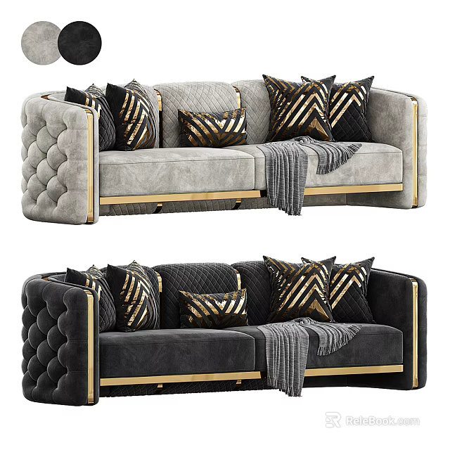Two Seater Gray Sofa with Gold Accents Black Gold Geometric Pillows and Gray Throw Blanket 3d model 