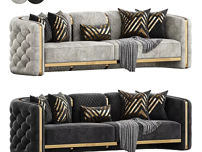 Two Seater Gray Sofa with Gold Accents Black Gold Geometric Pillows and Gray Throw Blanket 3d model