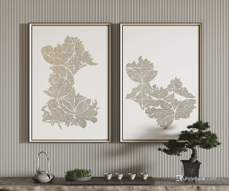 Gold Leaf Pattern Wall Art Prints On Striped Background With Bonsai And Tea Set 3d model