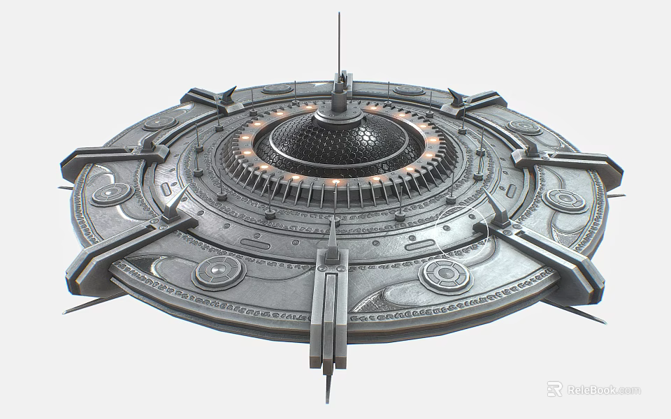 Futuristic Metallic Flying Saucer Structure With Central Dome Circular Ring Details And Technological Design 3d model 
