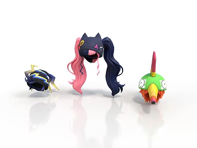 Cartoon Character Heads With Wing Decorations Cat Ear Long Hair And Bird Beak Design 3d model