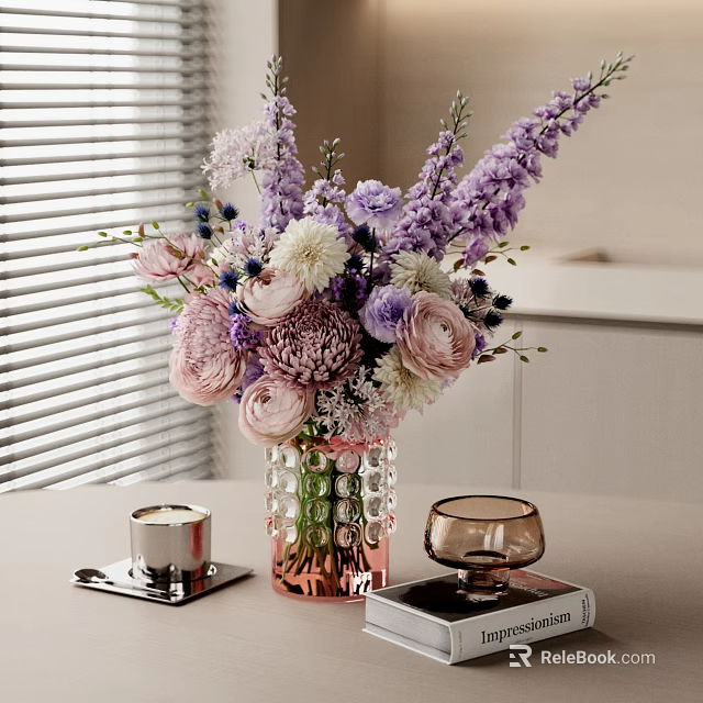 Decorative Ornament Set With Purple Pink White Flowers Beaded Vase Candle Holder On Table 3d model 