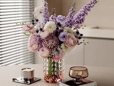 Decorative Ornament Set With Purple Pink White Flowers Beaded Vase Candle Holder On Table 3d model