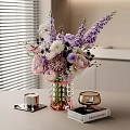 Decorative Ornament Set With Purple Pink White Flowers Beaded Vase Candle Holder On Table