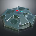 Futuristic Circular Metal Weapon Device With Multiple Protruding Parts And Red Blue Lights