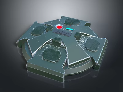 Futuristic Circular Metal Weapon Device With Multiple Protruding Parts And Red Blue Lights 3d model