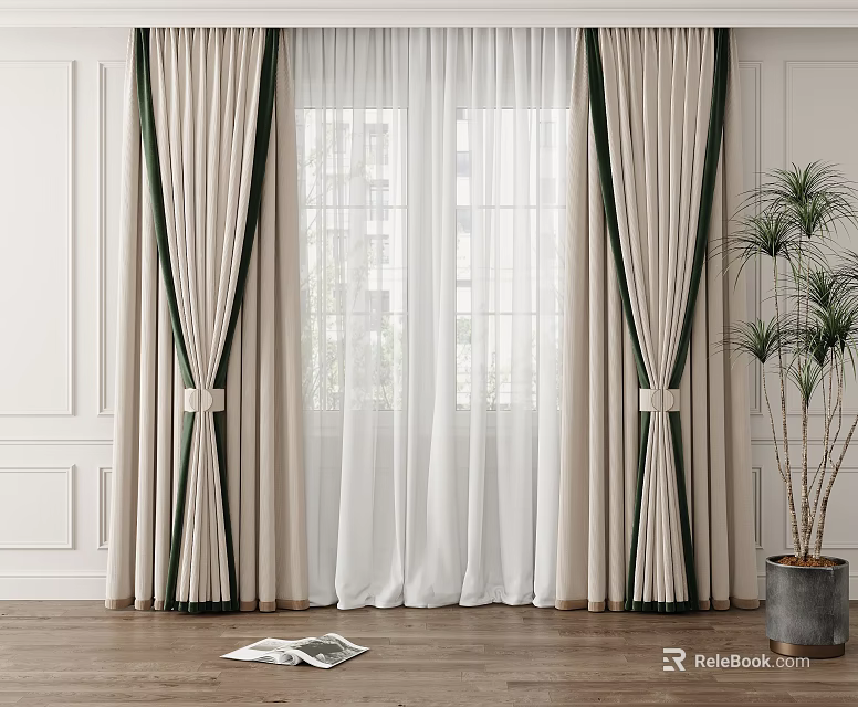 Beige Curtains With Dark Green Stripes And Sheer Panels By Window With Potted Plant 3d model 