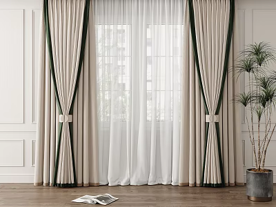 Beige Curtains With Dark Green Stripes And Sheer Panels By Window With Potted Plant 3d model