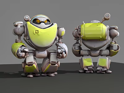 Smart Robot with Yellow and Gray Design Round Head Mechanical Arms and Camera Sensors 3d model