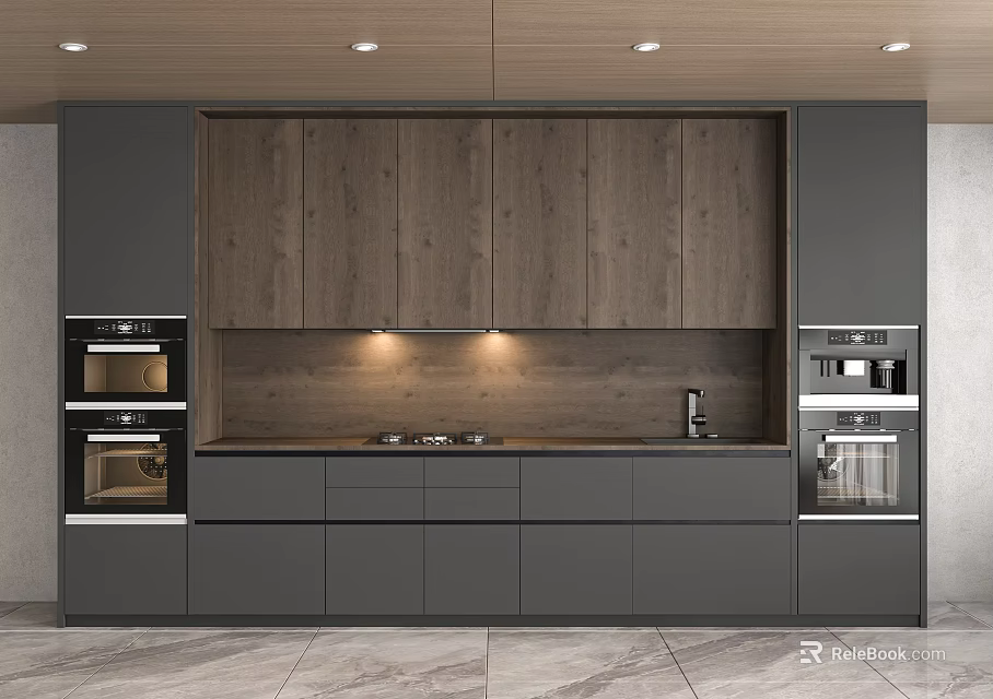 Modern Kitchen Design With Wooden Backsplash Gray Cabinets And Built In Appliances 3d model 