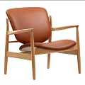 Modern Stylish Single Chair With Brown Leather Seat And Wooden Frame