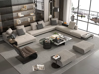 Modern L Shaped Sofa Glass Coffee Table With Gray Cushions Magazines Decor And Armchair Ottomans 3d model