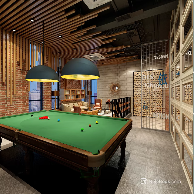 Modern Billiard Room With Green Table Pendant Lights Brick Wall Wine Rack And Sofa 3d model 