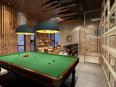 Modern Billiard Room With Green Table Pendant Lights Brick Wall Wine Rack And Sofa 3d model