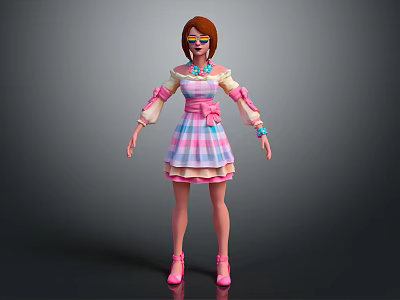 Female Character In Pink Blue Plaid Dress With Brown Hair Colorful Glasses And Pink Shoes 3d model