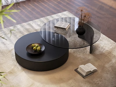 Modern Black Round Glass Coffee Table With Books Vase And Fruit Bowl On Rug 3d model