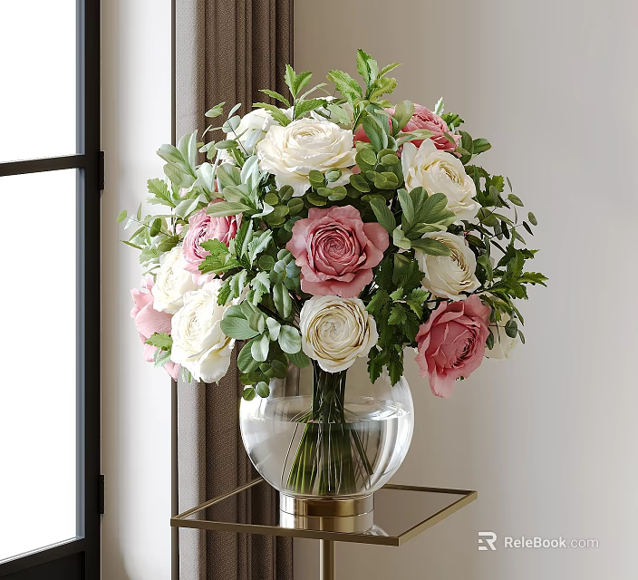 Elegant Transparent Glass Vase With White Pink Roses Ranunculus Green Leaves On Gold Metal Table 3d model 