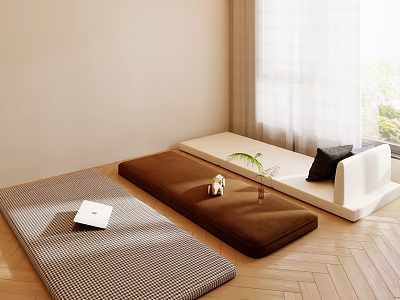 Cozy Room Interior With Colored Floor Cushions Wooden Floor White Curtains Laptop And Small Plant 3d model