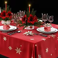 Christmas Dinnerware Set with Red Tablecloth Snowflake Patterns Plates Forks Glassware and Floral Decorations