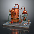 Vintage Copper Distiller Model With Ladder Small Cans And Mechanical Parts On Platform