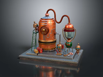 Vintage Copper Distiller Model With Ladder Small Cans And Mechanical Parts On Platform 3d model