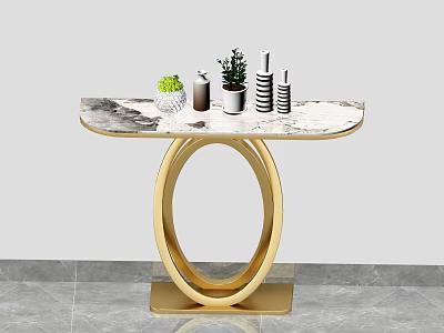 Elegant Modern Console Table With Marble Top Golden Circular Base And Decorative Plants 3d model