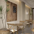 Modern Restaurant Interior Design With Wooden Tables Chairs Hanging Lights Large Windows And Green Plants