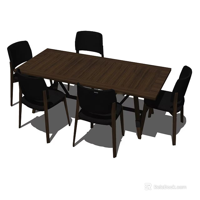 Modern Wooden Rectangular Dining Table Set With Six Black Chairs 3d model