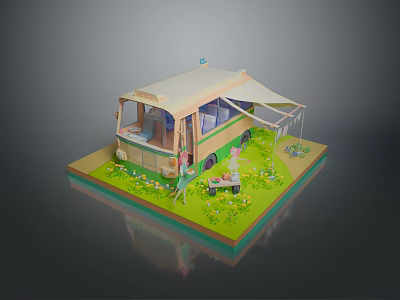 Delicious Outdoor Picnic Food Setup Near Camper Van With Green Grass And Flowers 3d model