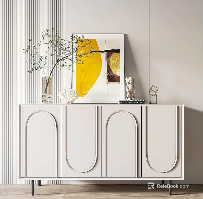 Modern White Console Cabinet with Arched Doors and Decorative Items on Top 3d model