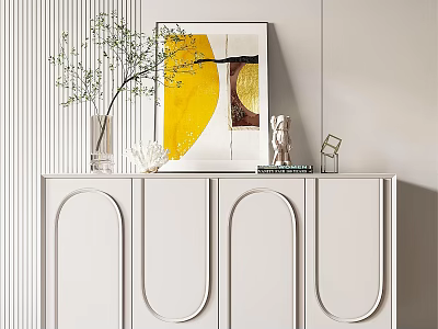 Modern White Console Cabinet with Arched Doors and Decorative Items on Top 3d model
