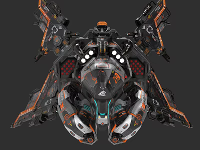 Futuristic Fighter Jet with Black Orange Silver Mechanical Armor and Detailed Cockpit 3d model