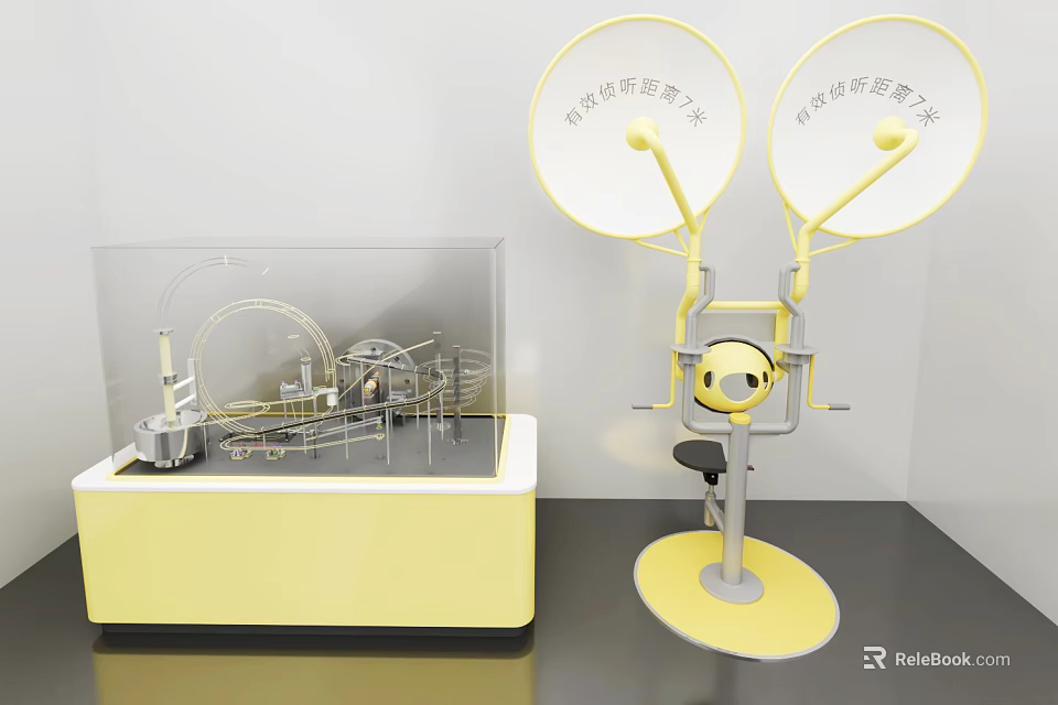 Yellow Mechanical Display Unit with Transparent Case Two Large Discs and Seat 3d model