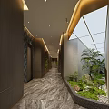 Luxury Modern Corridor Interior With Elevators Green Plants And Marble Floor 3d model