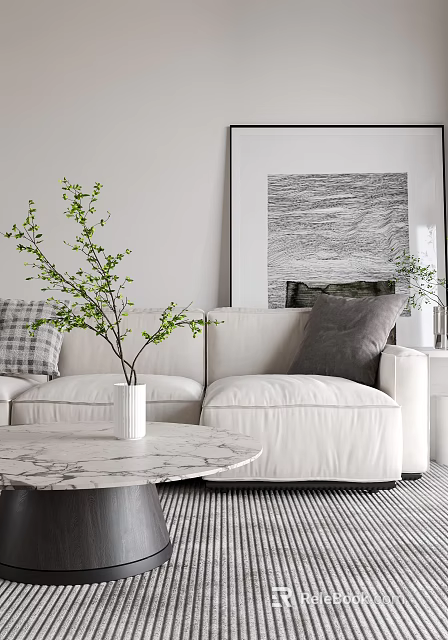Modern Living Dining Room Interior With Marble Coffee Table Green Plant Vase And Wall Art 3d model 