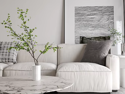 Modern Living Dining Room Interior With Marble Coffee Table Green Plant Vase And Wall Art 3d model