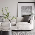 Modern Living Dining Room Interior With Marble Coffee Table Green Plant Vase And Wall Art
