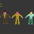 Three Cartoon Characters In Different Outfits With Black Suit Yellow Suit And Green Pants