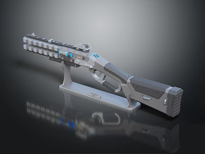 Futuristic Sci Fi Gun With Metallic Gray Design Blue Glowing Accents And Display Stand 3d model