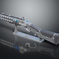 Futuristic Sci Fi Gun With Metallic Gray Design Blue Glowing Accents And Display Stand
