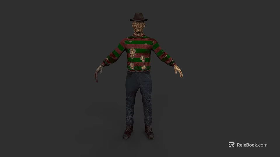 Game Movie Character Wearing Brown Hat Green Red Striped Sweater Scarred Face Bladed Glove Pants 3d model 