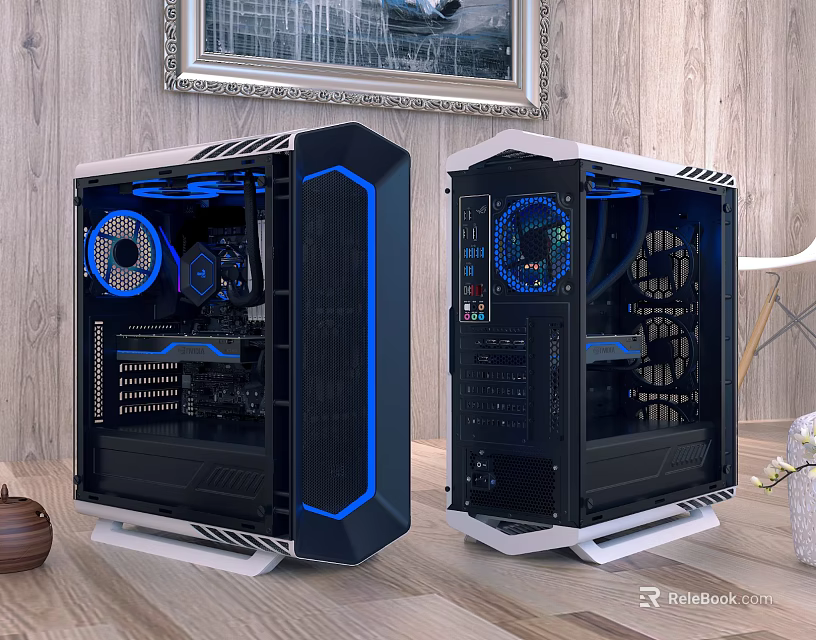 Dual Modern Computer Cases With Transparent Panels And Blue LED Fans 3d model 