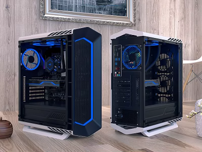 Dual Modern Computer Cases With Transparent Panels And Blue LED Fans 3d model