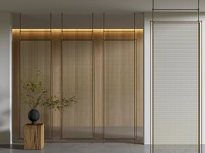 Modern Interior Decorative Wooden Metal Screen Partition With Grid Design And Plant 3d model