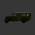 Vintage Green Rusty Car with Curved Roof and Red Cross Symbol on Side
