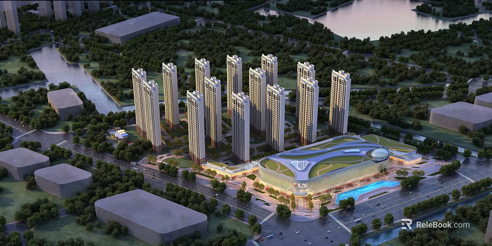 Modern High Rise Residential Buildings With Greenery River And Community Center 3d model 