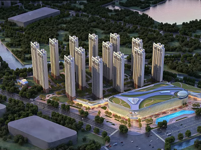 Modern High Rise Residential Buildings With Greenery River And Community Center 3d model